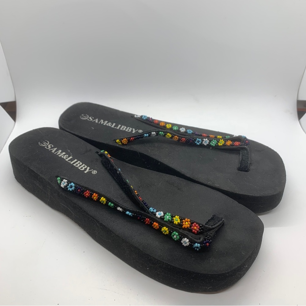 Sam & Libby Flip Flops W/ Beaded Flower Design On The Straps